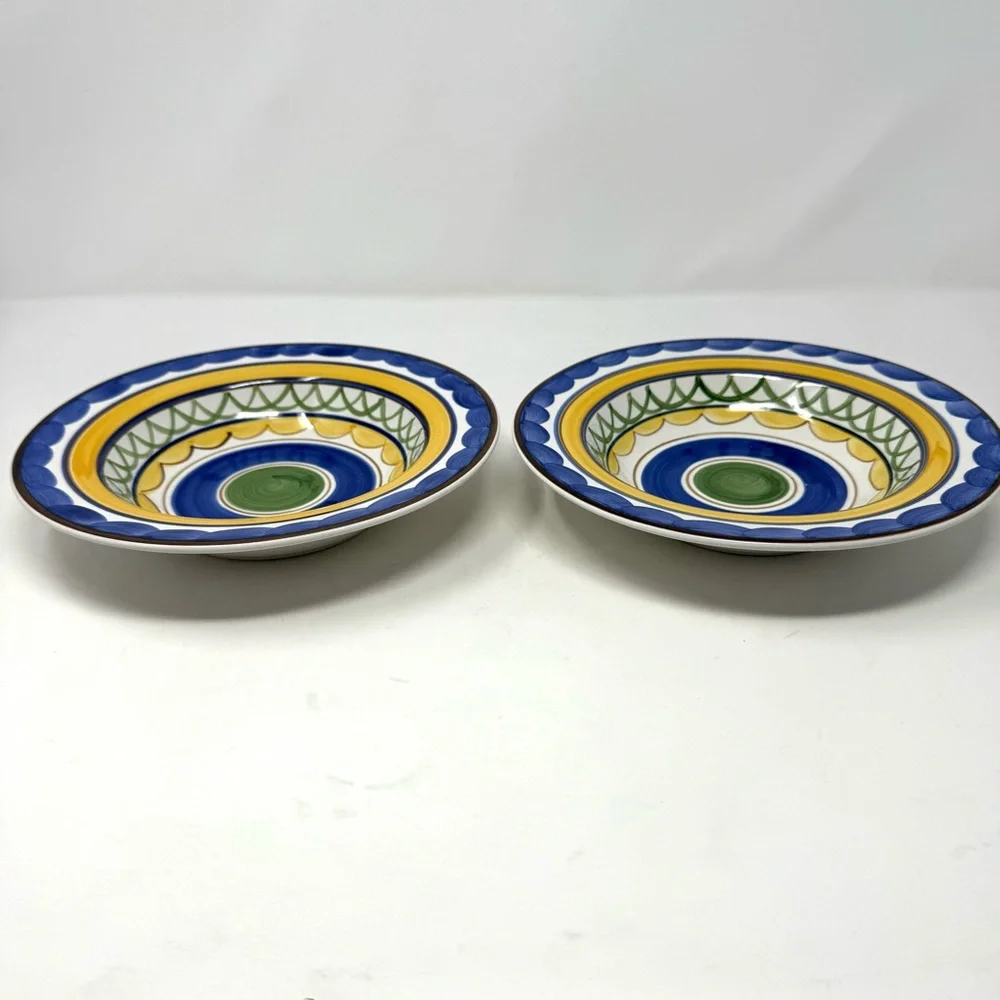 Studio Nova Merlot Rimmed Soup Bowl 8.75 Inches Blue Green Yellow Brown Set of 2